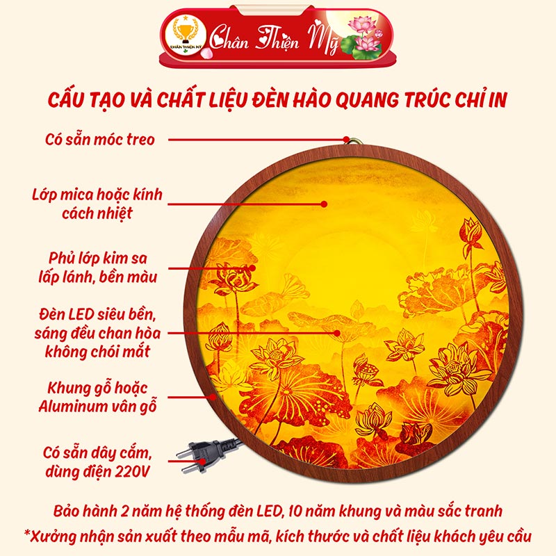 Đèn Hào Quang Hoa Sen In Tranh Trúc Chỉ CHÂN THIỆN MỸ, Tranh Treo Phòng Thờ, Trang Trí Tượng Phật TC-HQ-96