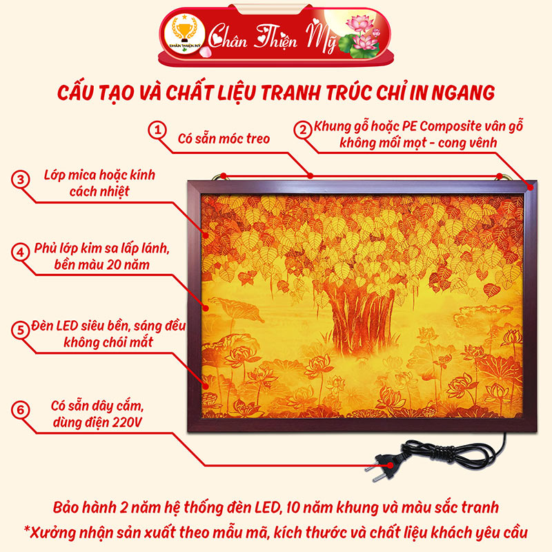 Đèn Hào Quang Phật Thích Ca In Tranh Trúc Chỉ Ngang CHÂN THIỆN MỸ, Trang Trí Bàn Thờ, Treo Phòng Thờ TC-TN-17