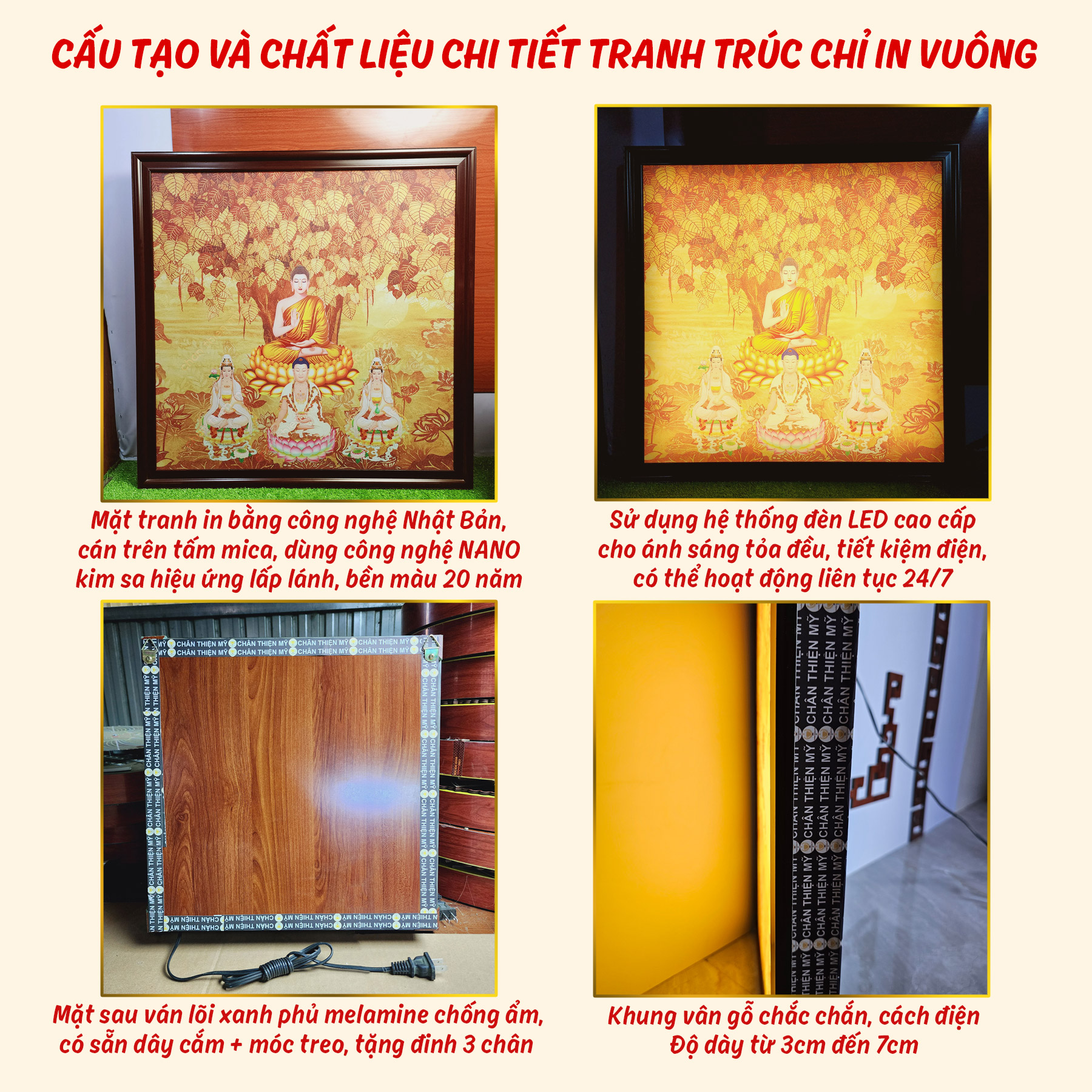 Hào Quang Phật Hoa Sen In Tranh Trúc Chỉ Vuông CHÂN THIỆN MỸ, Đèn Trang Trí Bàn Thờ, Treo Phòng Thờ TC-TV-30