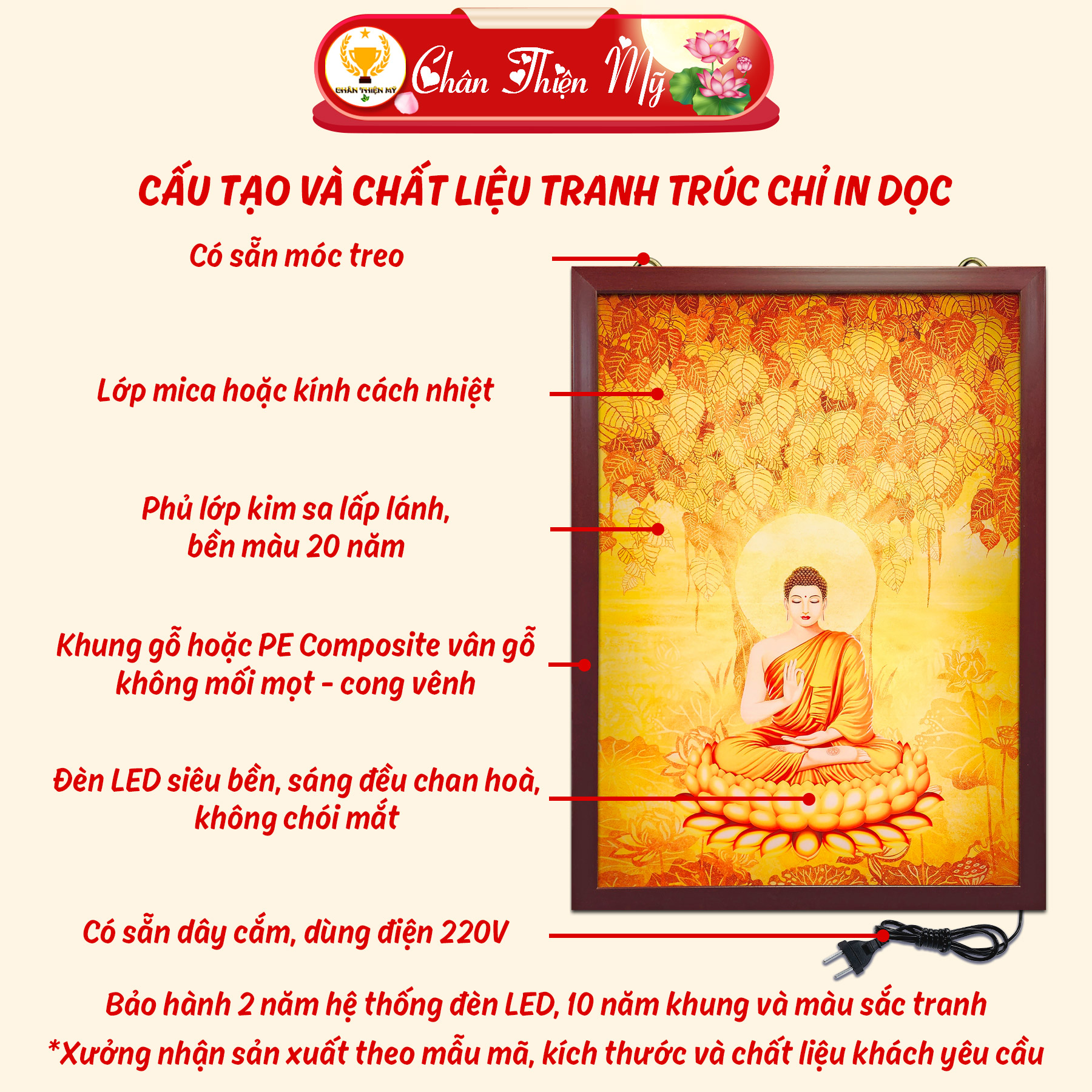 Đèn Hào Quang Hoa Sen In Tranh Trúc Chỉ Dọc CHÂN THIỆN MỸ, Trang Trí Bàn Thờ, Trang Thờ Treo Tường TC-TE-13