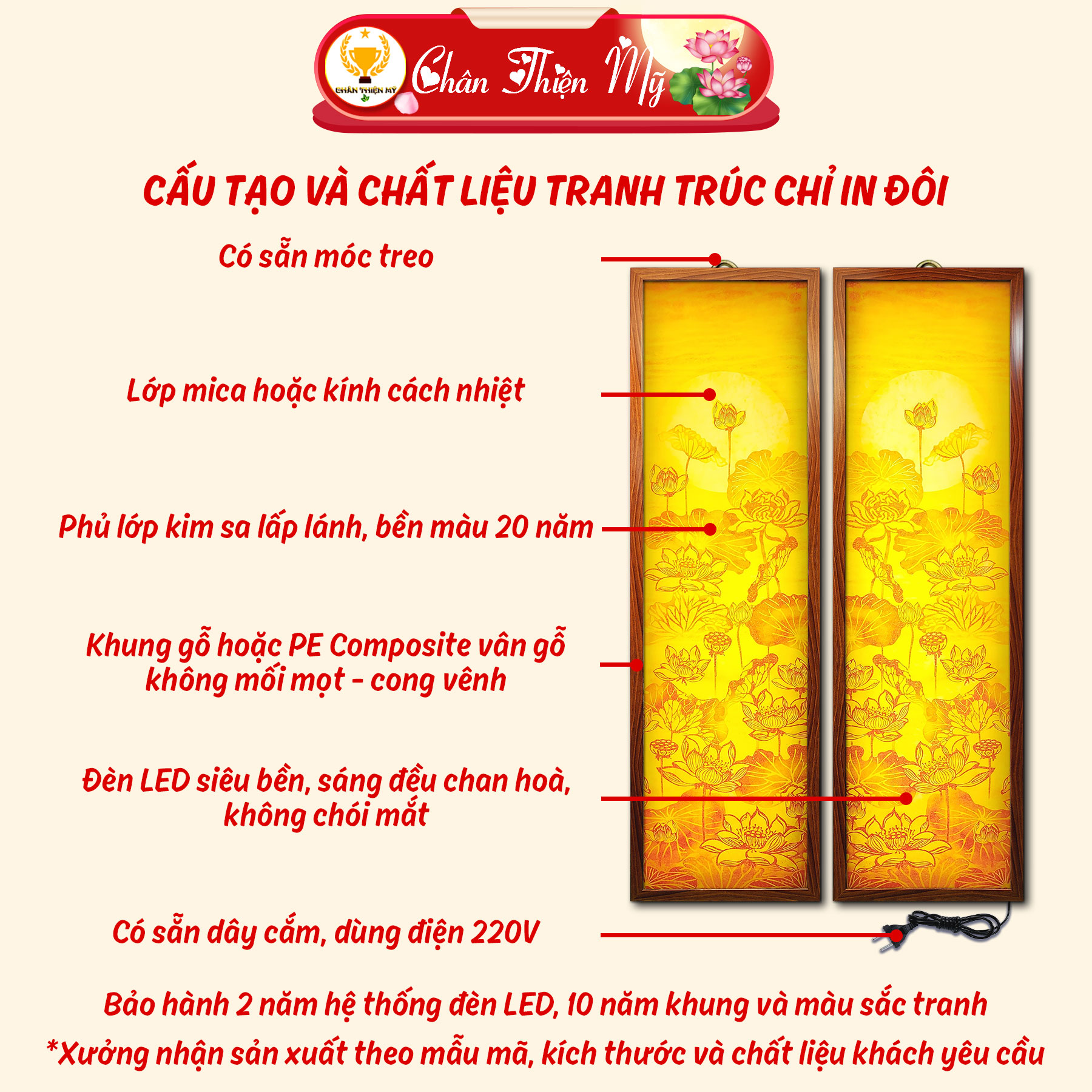 Đèn Hào Quang Hoa Sen In Tranh Trúc Chỉ Bộ Đôi CHÂN THIỆN MỸ, Trang Trí Phòng Thờ, Bàn Thờ Treo Tường TC-TD-02
