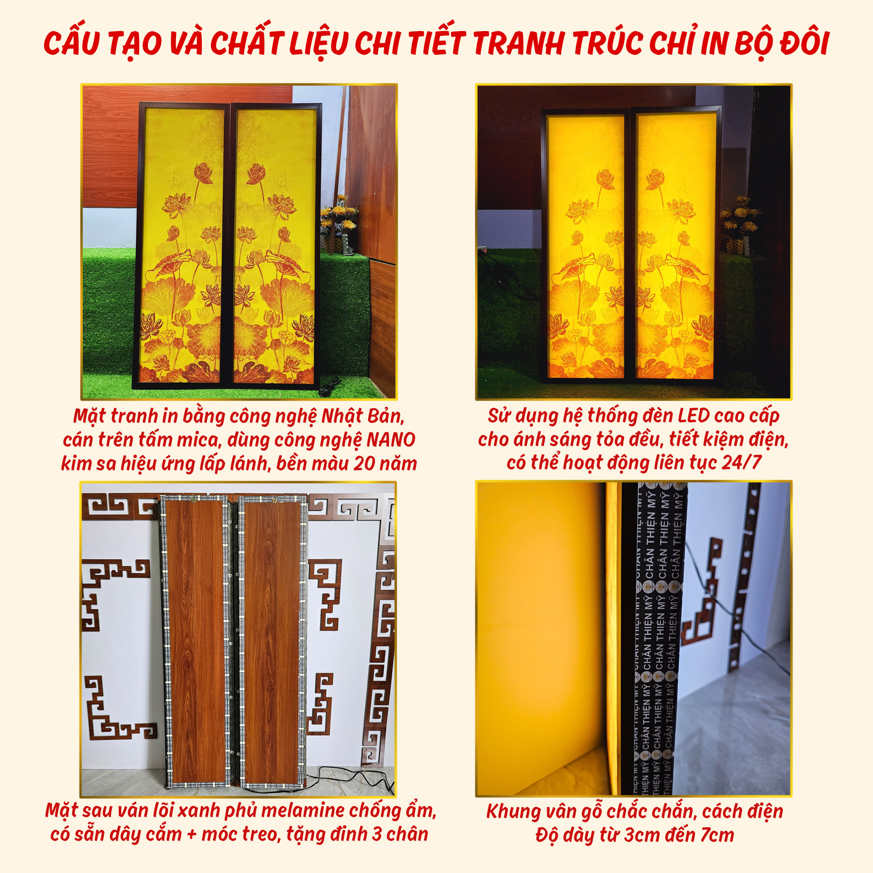Đèn Hào Quang Hoa Sen In Tranh Trúc Chỉ Bộ Đôi CHÂN THIỆN MỸ, Trang Trí Phòng Thờ, Bàn Thờ Treo Tường TC-TD-02