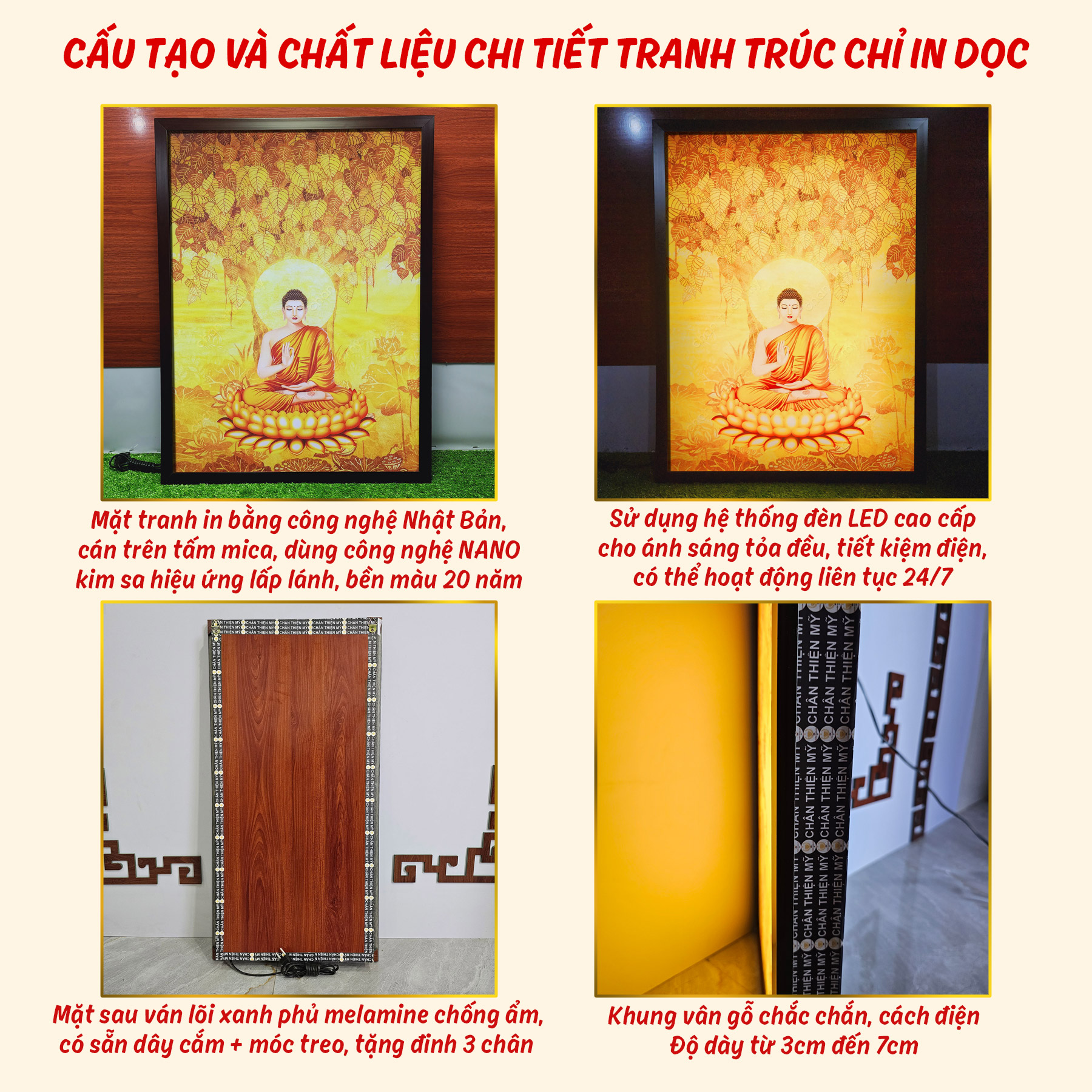 Đèn Hào Quang Hoa Sen In Tranh Trúc Chỉ Dọc CHÂN THIỆN MỸ, Trang Trí Bàn Thờ, Trang Thờ Treo Tường TC-TE-13