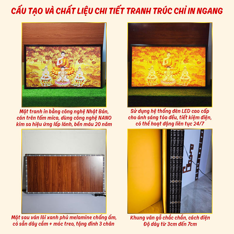 Đèn Hào Quang Phật Thích Ca In Tranh Trúc Chỉ Ngang CHÂN THIỆN MỸ, Trang Trí Bàn Thờ, Treo Phòng Thờ TC-TN-17