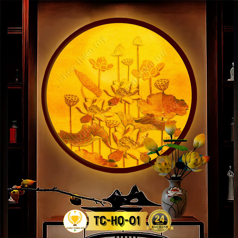 Đèn Hào Quang Hoa Sen In Tranh Trúc Chỉ CHÂN THIỆN MỸ, Tranh Treo Phòng Thờ, Trang Trí Tượng Phật TC-HQ-01