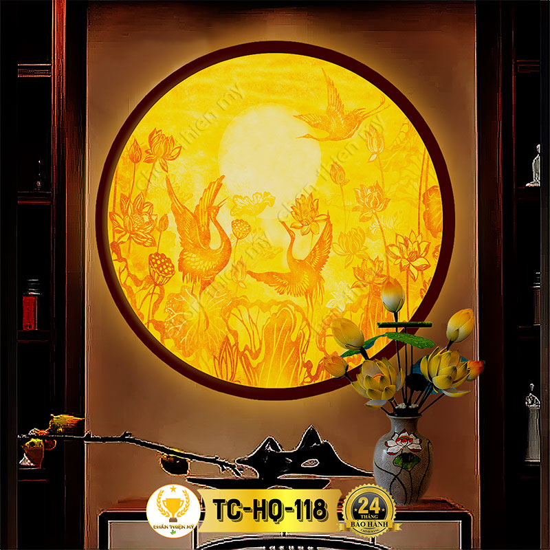 Đèn Hào Quang Hoa Sen Chim Hạc In Tranh Trúc Chỉ CHÂN THIỆN MỸ, Tranh Treo Phòng Thờ, Trang Trí Tượng Phật TC-HQ-118