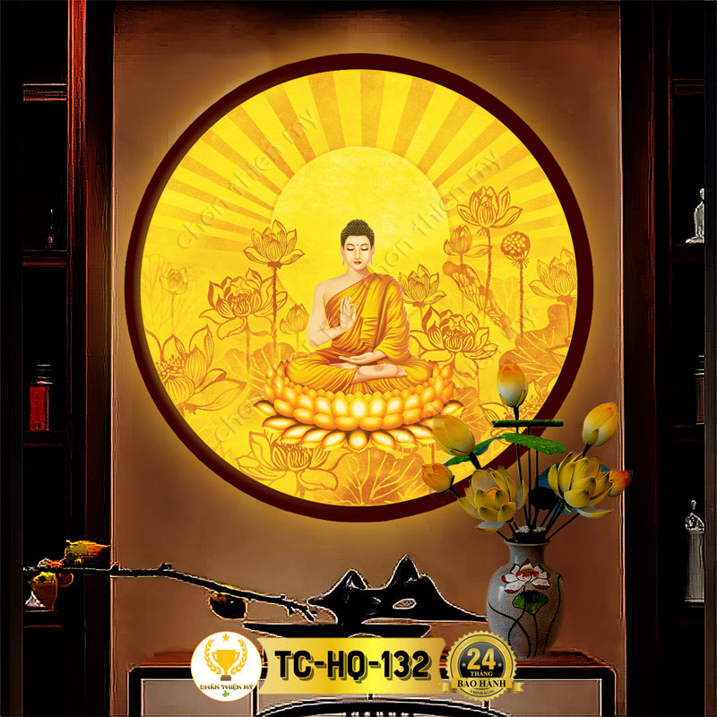 Đèn Bàn Thờ Hoa Sen Phật Thích Ca In Tranh Trúc Chỉ CHÂN THIỆN MỸ, Trang Trí Phòng Thờ, Treo Tượng Phật TC-HQ-132