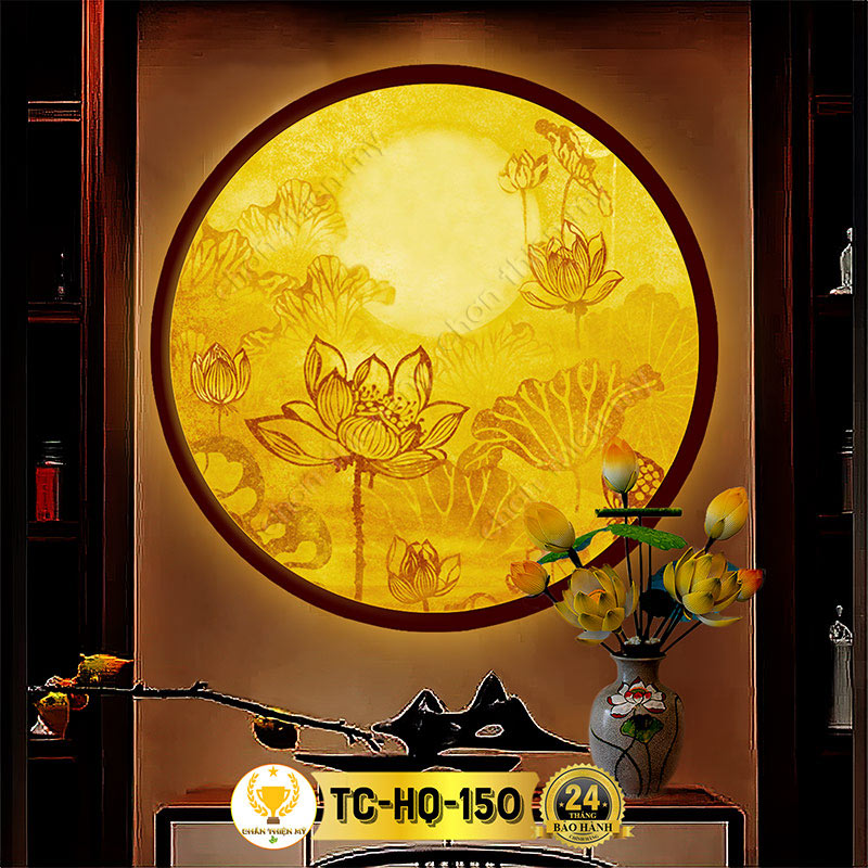 Đèn Hào Quang Hoa Sen In Tranh Trúc Chỉ CHÂN THIỆN MỸ, Tranh Treo Phòng Thờ, Trang Trí Tượng Phật TC-HQ-150