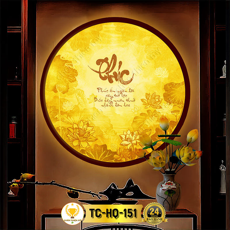 Đèn Hào Quang Hoa Sen Chữ Phúc In Tranh Trúc Chỉ CHÂN THIỆN MỸ, Trang Trí Bàn Thờ Gia Tiên, Treo Tượng Phật TC-HQ-151