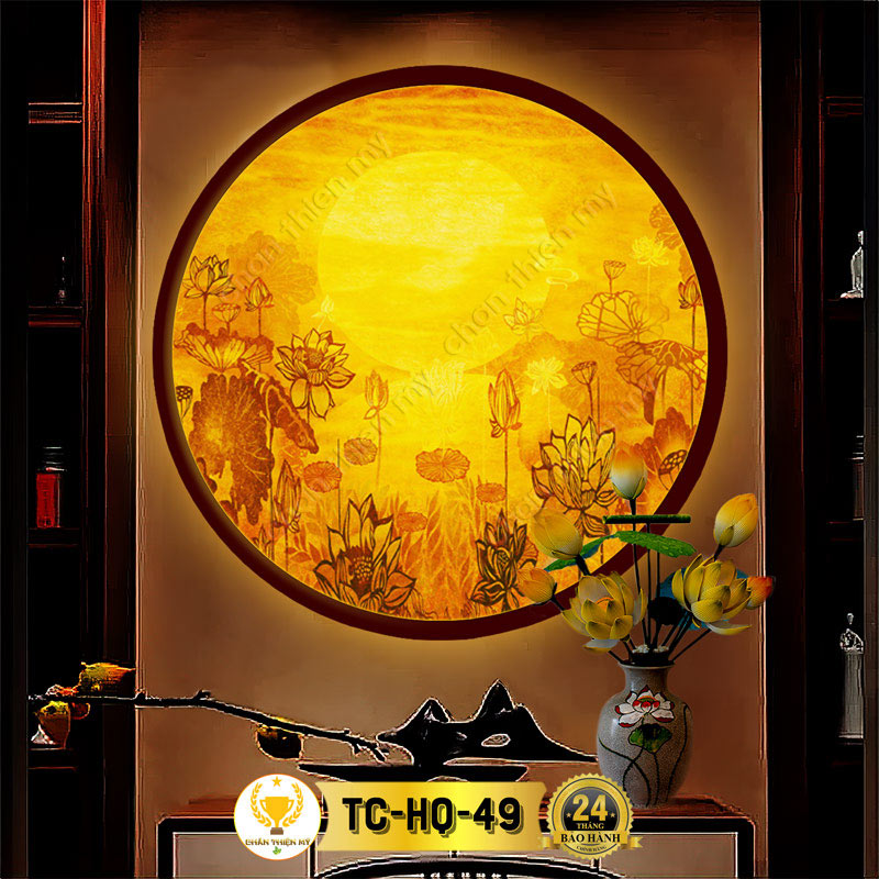 Đèn Hào Quang Hoa Sen In Tranh Trúc Chỉ CHÂN THIỆN MỸ, Tranh Treo Phòng Thờ, Trang Trí Tượng Phật TC-HQ-49