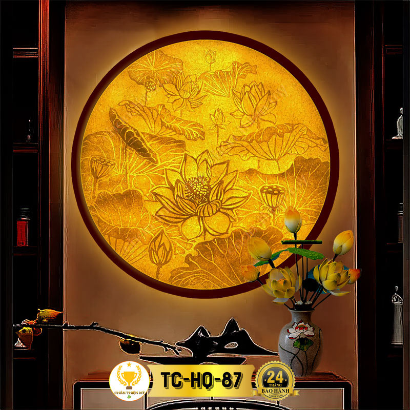 Đèn Hào Quang Hoa Sen In Tranh Trúc Chỉ CHÂN THIỆN MỸ, Tranh Treo Phòng Thờ, Trang Trí Tượng Phật TC-HQ-87