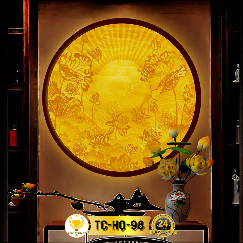 Đèn Hào Quang Hoa Sen In Tranh Trúc Chỉ CHÂN THIỆN MỸ, Tranh Treo Phòng Thờ, Trang Trí Tượng Phật TC-HQ-98