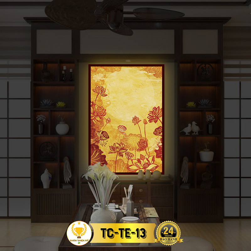 Đèn Hào Quang Hoa Sen In Tranh Trúc Chỉ Dọc CHÂN THIỆN MỸ, Trang Trí Bàn Thờ, Trang Thờ Treo Tường TC-TE-13