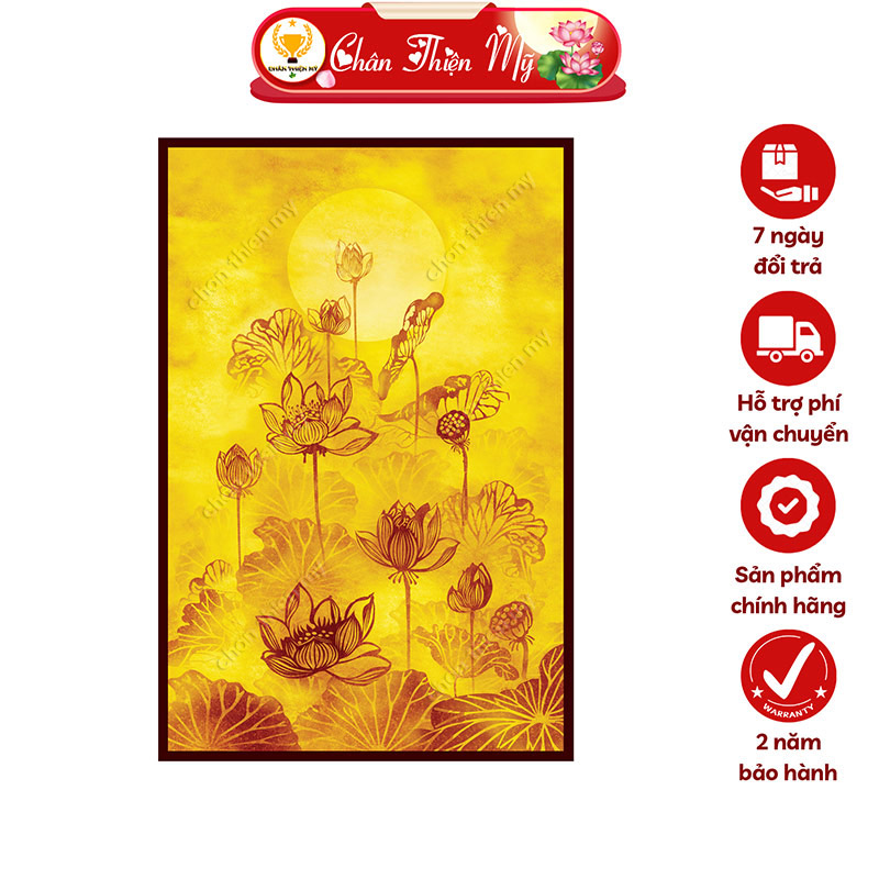 Đèn Hào Quang Hoa Sen In Tranh Trúc Chỉ Dọc CHÂN THIỆN MỸ, Trang Trí Phòng Thờ, Bàn Thờ Treo Tường TC-TE-15