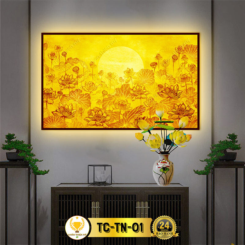 Đèn Hào Quang Hoa Sen In Tranh Trúc Chỉ Ngang CHÂN THIỆN MỸ, Trang Trí Phòng Thờ, Bàn Thờ Treo Tường TC-TN-01