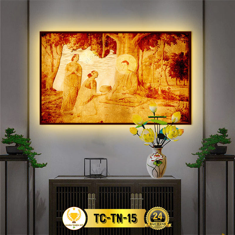 Đèn Hào Quang Phật Thích Ca In Tranh Trúc Chỉ Ngang CHÂN THIỆN MỸ, Tranh Treo Phòng Thờ Cùng Tượng Phật TC-TN-15