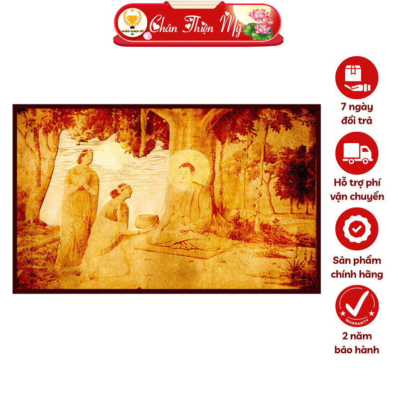 Đèn Hào Quang Phật Thích Ca In Tranh Trúc Chỉ Ngang CHÂN THIỆN MỸ, Tranh Treo Phòng Thờ Cùng Tượng Phật TC-TN-15