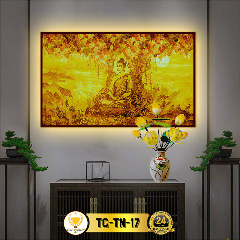 Đèn Hào Quang Phật Thích Ca In Tranh Trúc Chỉ Ngang CHÂN THIỆN MỸ, Trang Trí Bàn Thờ, Treo Phòng Thờ TC-TN-17