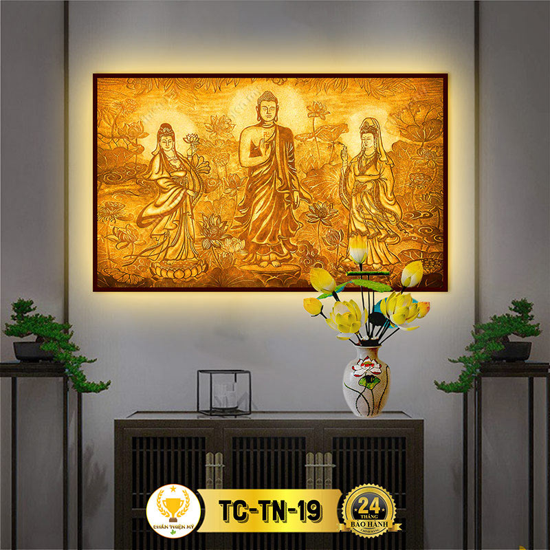 Hào Quang Phật Tây Phương Tam Thánh In Tranh Trúc Chỉ Ngang CHÂN THIỆN MỸ, Đèn Trang Trí Bàn Thờ, Treo Phòng Thờ TC-TN-19