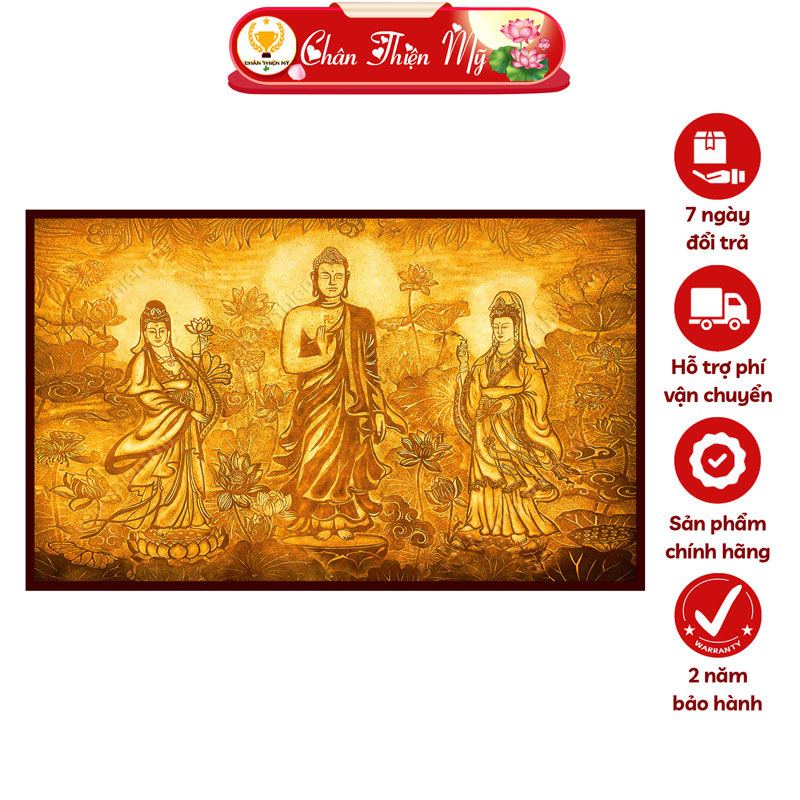 Hào Quang Phật Tây Phương Tam Thánh In Tranh Trúc Chỉ Ngang CHÂN THIỆN MỸ, Đèn Trang Trí Bàn Thờ, Treo Phòng Thờ TC-TN-19