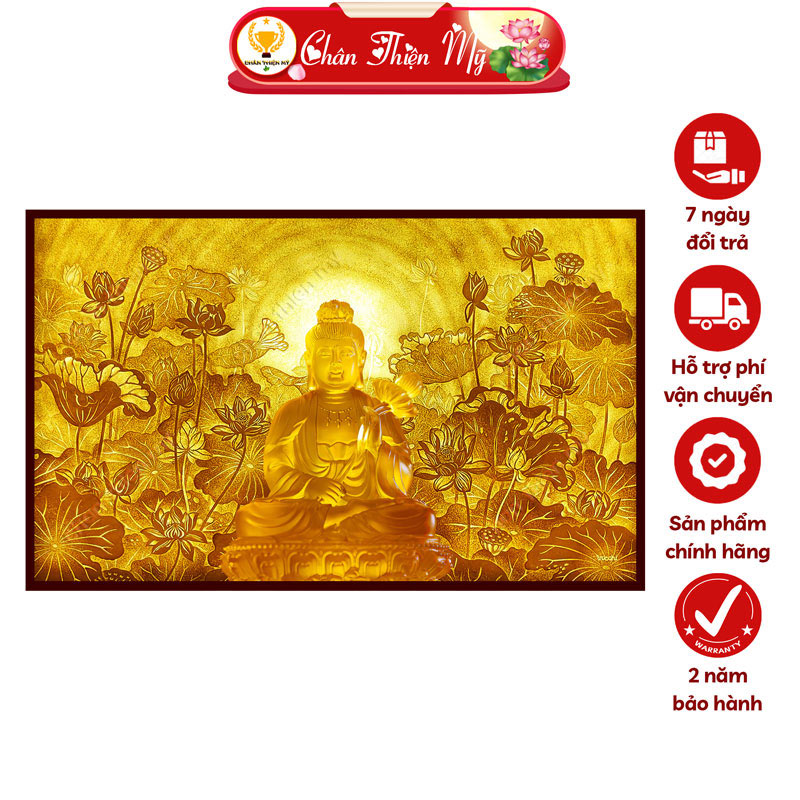 Đèn Hào Quang Phật Quan Âm In Tranh Trúc Chỉ Hoa Sen Ngang CHÂN THIỆN MỸ, Trang Trí Bàn Thờ Phật, Treo Phòng Thờ TC-TN-20