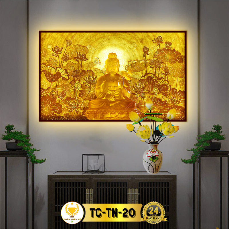 Đèn Hào Quang Phật Quan Âm In Tranh Trúc Chỉ Hoa Sen Ngang CHÂN THIỆN MỸ, Trang Trí Bàn Thờ Phật, Treo Phòng Thờ TC-TN-20