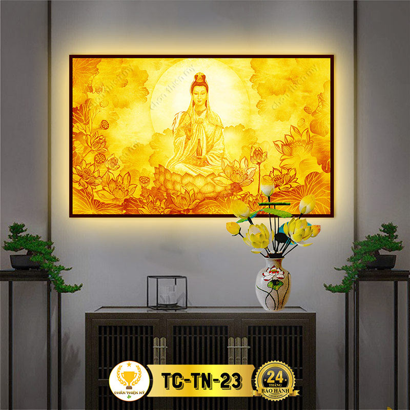 Đèn Hào Quang Phật Quan Âm In Tranh Trúc Chỉ Hoa Sen Ngang CHÂN THIỆN MỸ, Trang Trí Bàn Thờ Phật, Treo Phòng Thờ TC-TN-23