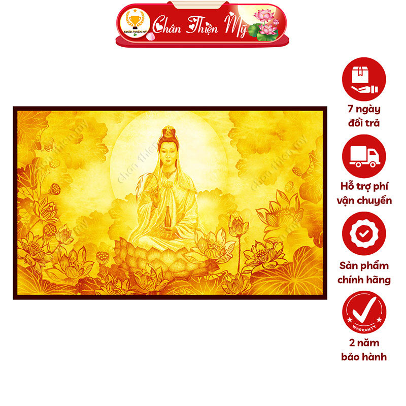 Đèn Hào Quang Phật Quan Âm In Tranh Trúc Chỉ Hoa Sen Ngang CHÂN THIỆN MỸ, Trang Trí Bàn Thờ Phật, Treo Phòng Thờ TC-TN-23