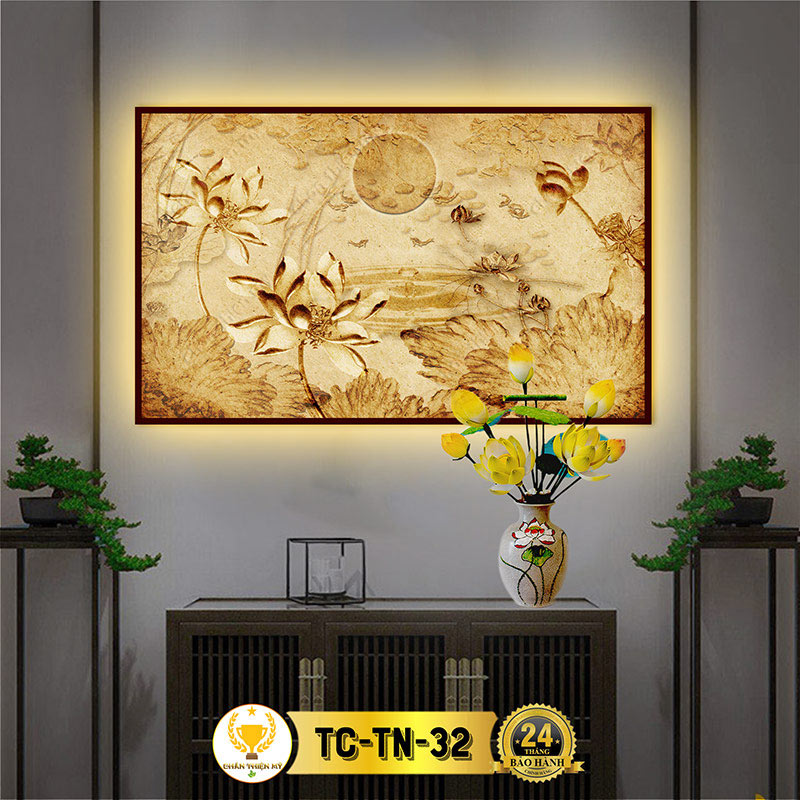 Đèn Hào Quang Hoa Sen Cá Chép In Tranh Trúc Chỉ Ngang CHÂN THIỆN MỸ, Trang Trí Phòng Thờ, Bàn Thờ Treo Tường TC-TN-32