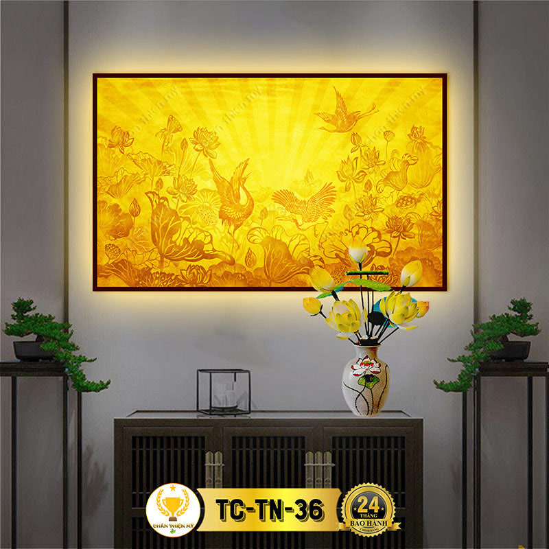 Đèn Hào Quang Hoa Sen Chim Hạc In Tranh Trúc Chỉ Ngang CHÂN THIỆN MỸ, Trang Trí Bàn Thờ, Trang Thờ Treo Tường TC-TN-36