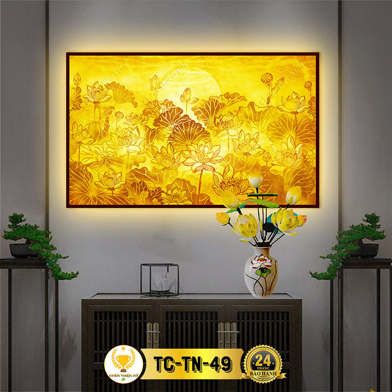 Đèn Hào Quang Phật Hoa Sen In Tranh Trúc Chỉ Ngang CHÂN THIỆN MỸ, Tranh Treo Phòng Thờ Cùng Tượng Phật TC-TN-49