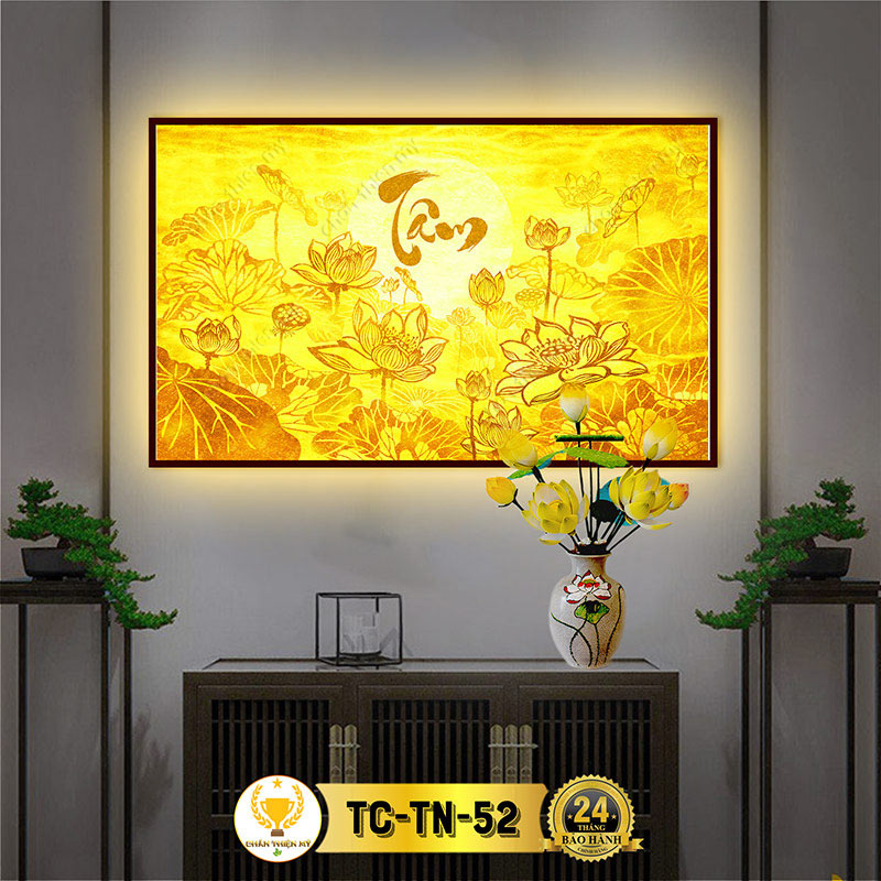 Đèn Bàn Thờ Hoa Sen Chữ Tâm In Tranh Trúc Chỉ Ngang CHÂN THIỆN MỸ, Tranh Treo Phòng Thờ, Ban Thờ Gia Tiên TC-TN-52