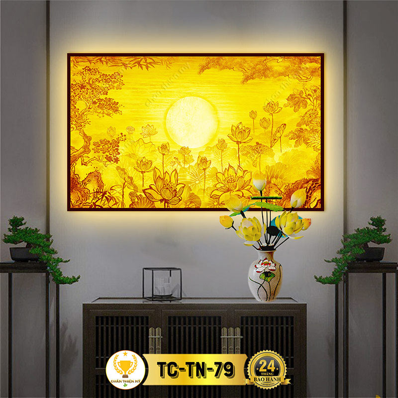 Đèn Hào Quang Hoa Sen In Tranh Trúc Chỉ Ngang CHÂN THIỆN MỸ, Trang Trí Phòng Thờ, Bàn Thờ Treo Tường TC-TN-79