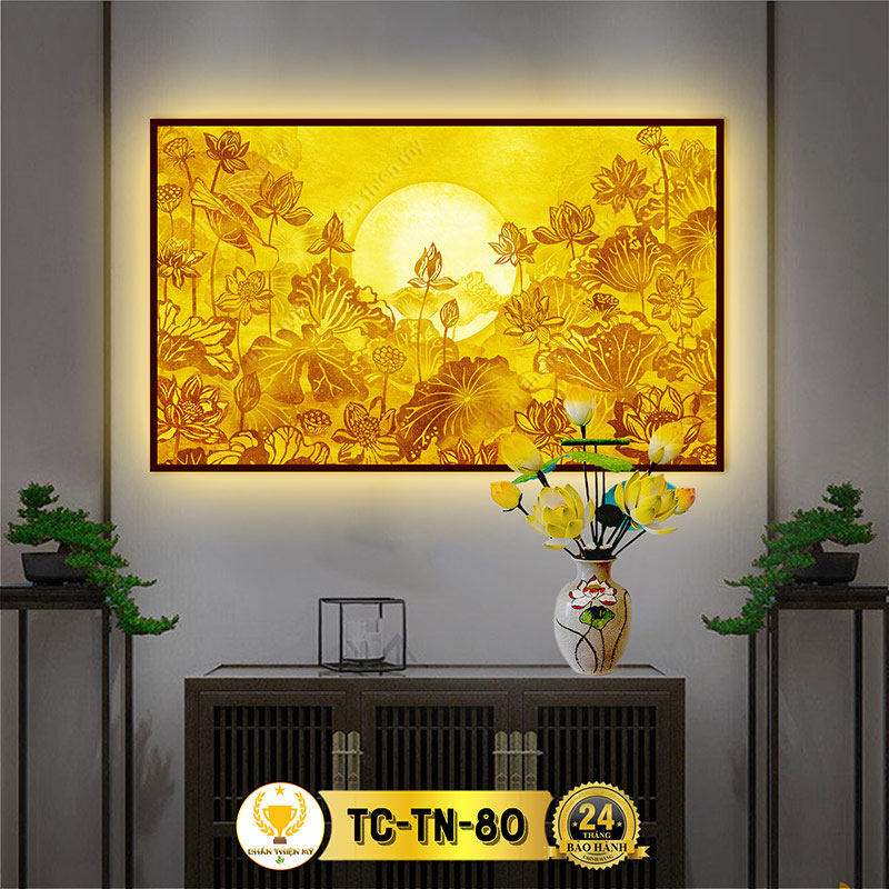 Đèn Bàn Thờ Hoa Sen Mặt Trời In Tranh Trúc Chỉ Ngang CHÂN THIỆN MỸ, Trang Trí Ban Thờ, Treo Phòng Thờ TC-TN-80