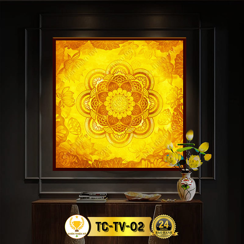 Đèn Hào Quang Mandala Hoa Sen In Tranh Trúc Chỉ Vuông CHÂN THIỆN MỸ, Trang Trí Bàn Thờ Gia Tiên, Treo Phòng Thờ TC-TV-02