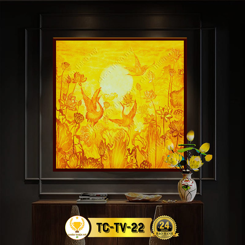 Đèn Bàn Thờ Hoa Sen Chim Hạc In Tranh Trúc Chỉ Vuông CHÂN THIỆN MỸ, Tranh Treo Phòng Thờ, Ban Thờ Gia Tiên TC-TV-22