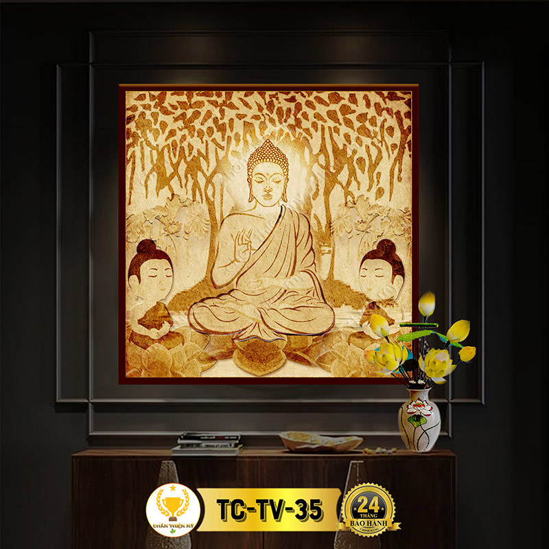 Hào Quang Phật Thích Ca In Tranh Trúc Chỉ Vuông CHÂN THIỆN MỸ, Trang Trí Bàn Thờ Phật, Ban Thờ Treo Tường TC-TV-35