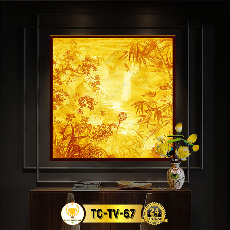 Đèn Hào Quang Cây Tùng Hoa Cúc In Tranh Trúc Chỉ Vuông CHÂN THIỆN MỸ, Trang Trí Bàn Thờ, Trang Thờ Treo Tường TC-TV-67