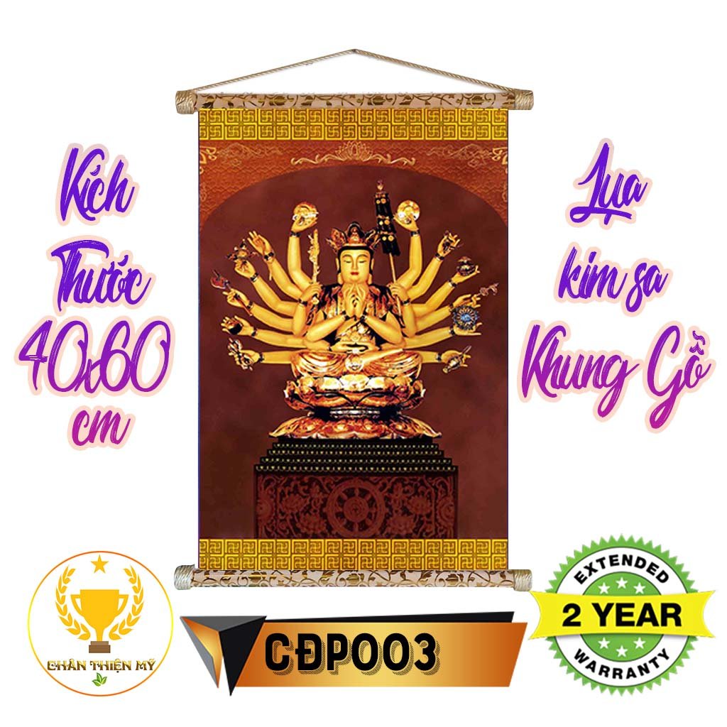 Tranh lụa kim sa khung gỗ Phật Mẫu chuẩn Đề