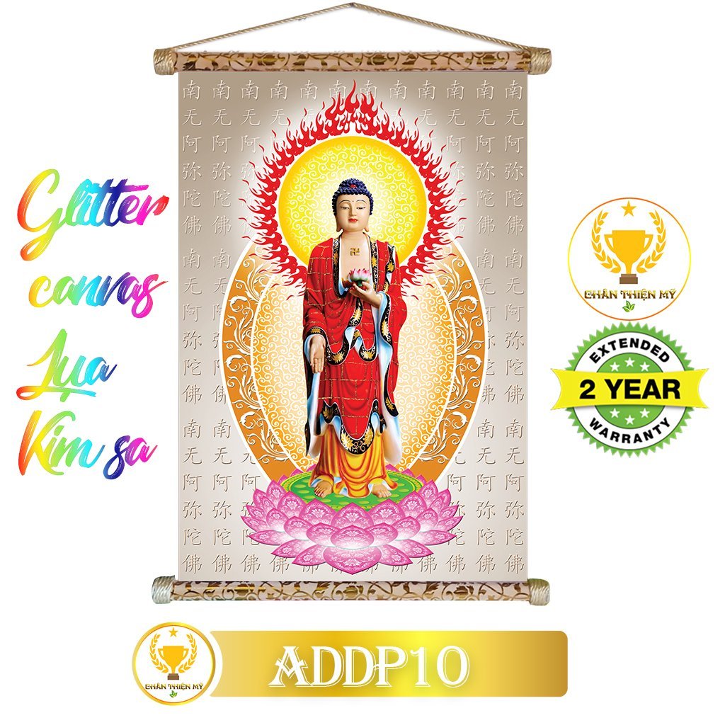 Tranh cuộn kim sa khung gỗ A Di Đà