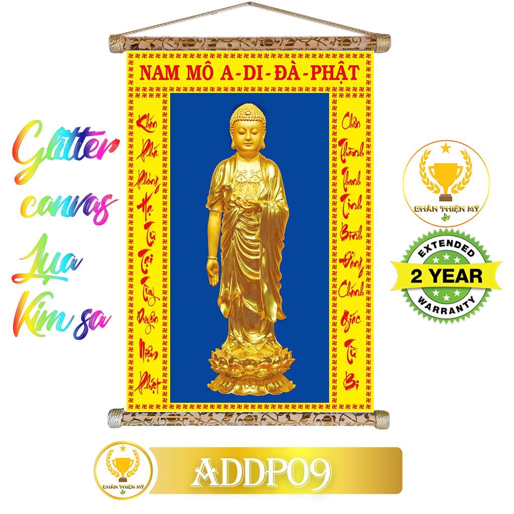 Tranh cuộn kim sa khung gỗ A Di Đà