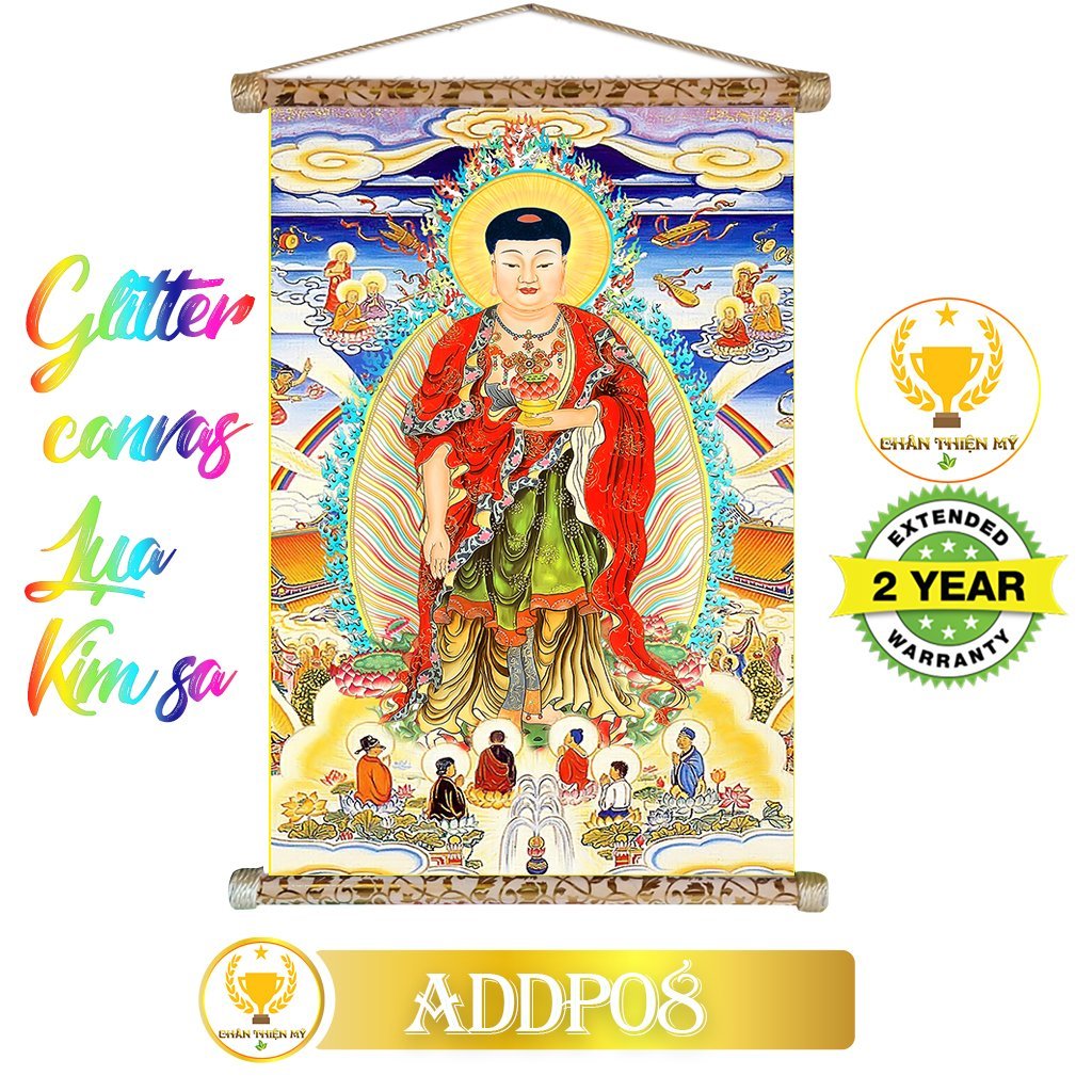 Tranh cuộn kim sa khung gỗ A Di Đà