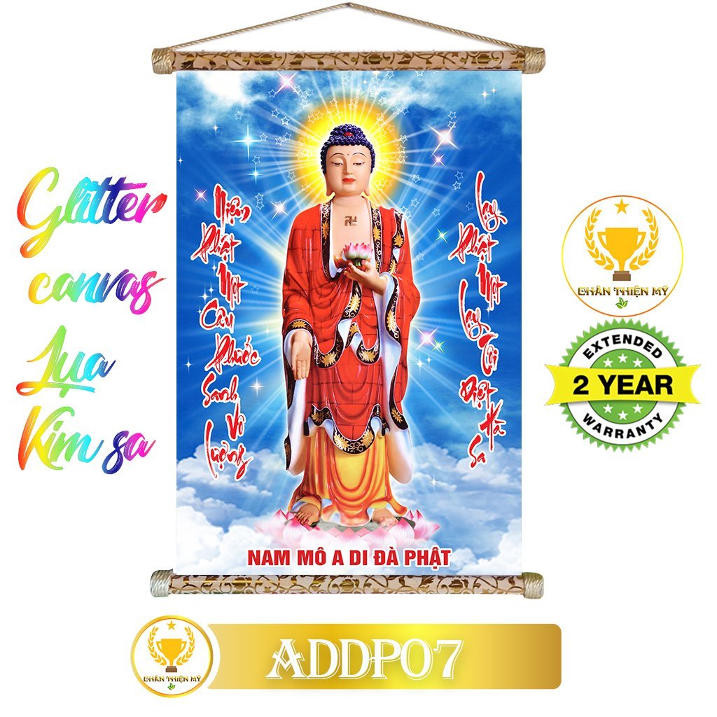 Tranh cuộn kim sa khung gỗ A Di Đà