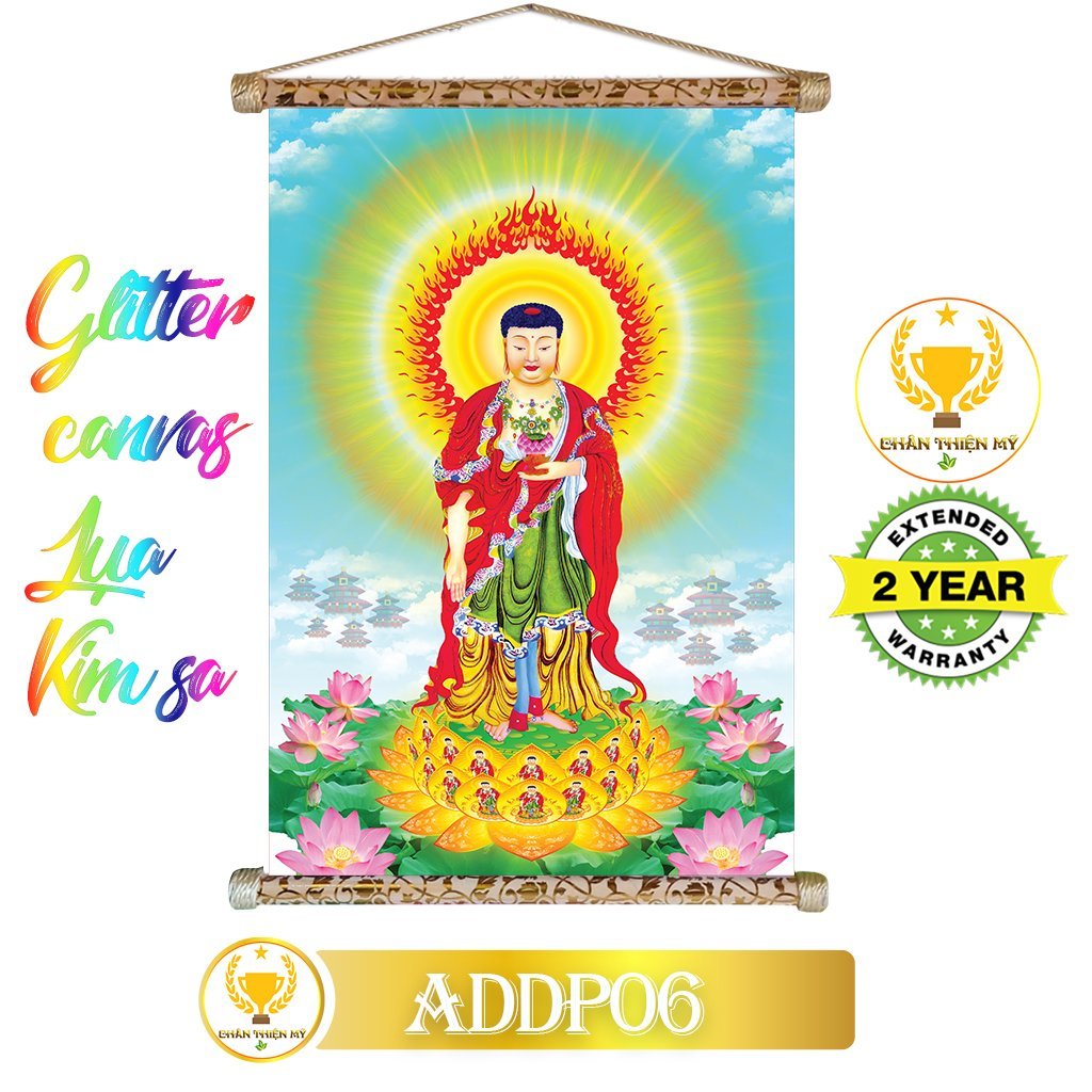 Tranh cuộn kim sa khung gỗ A Di Đà