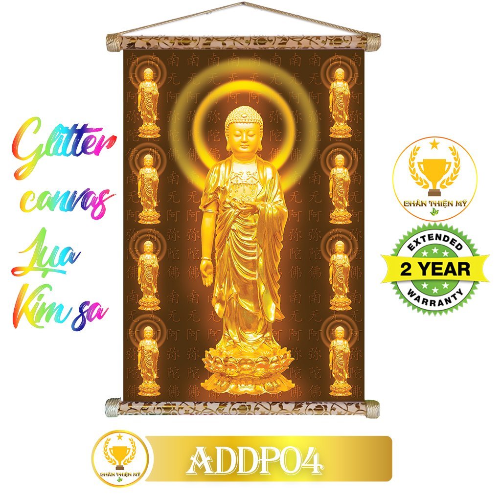 Tranh cuộn kim sa khung gỗ A Di Đà