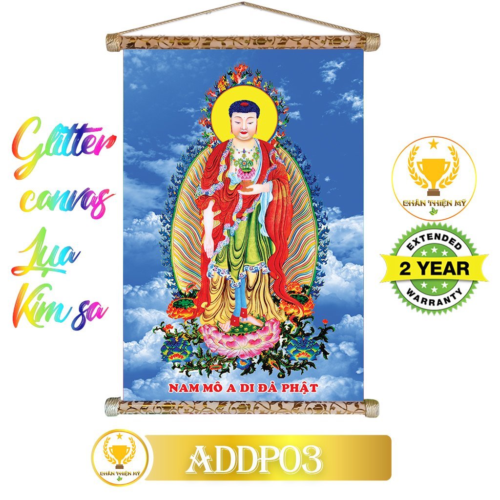 Tranh cuộn kim sa khung gỗ A Di Đà