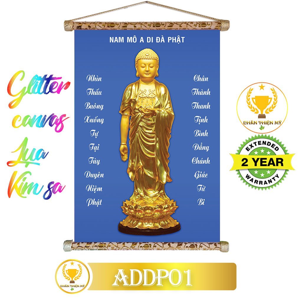 Tranh cuộn kim sa khung gỗ A Di Đà