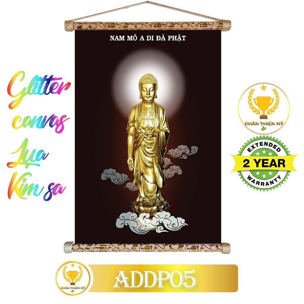 Tranh cuộn kim sa khung gỗ A Di Đà