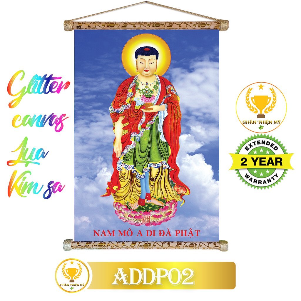 Tranh cuộn kim sa khung gỗ A Di Đà