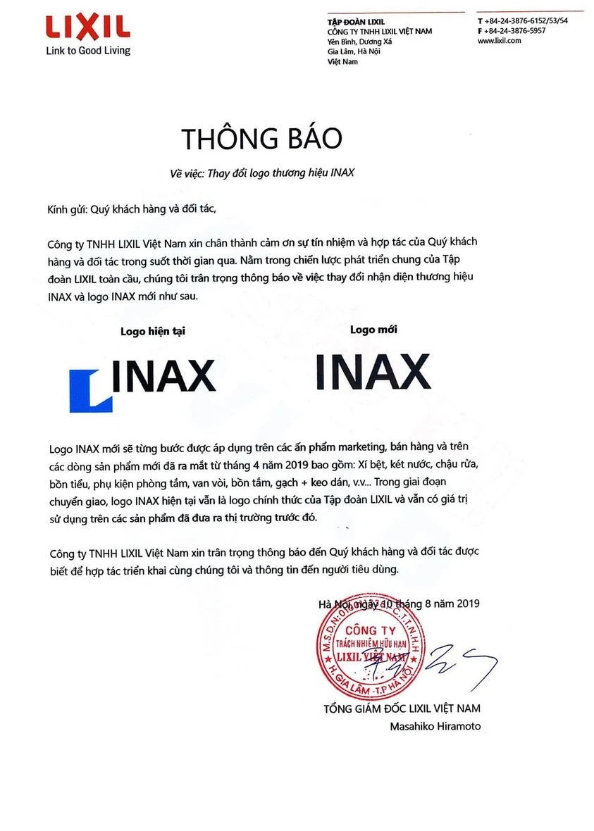 Thông báo của thiết bị vệ sinh Inax